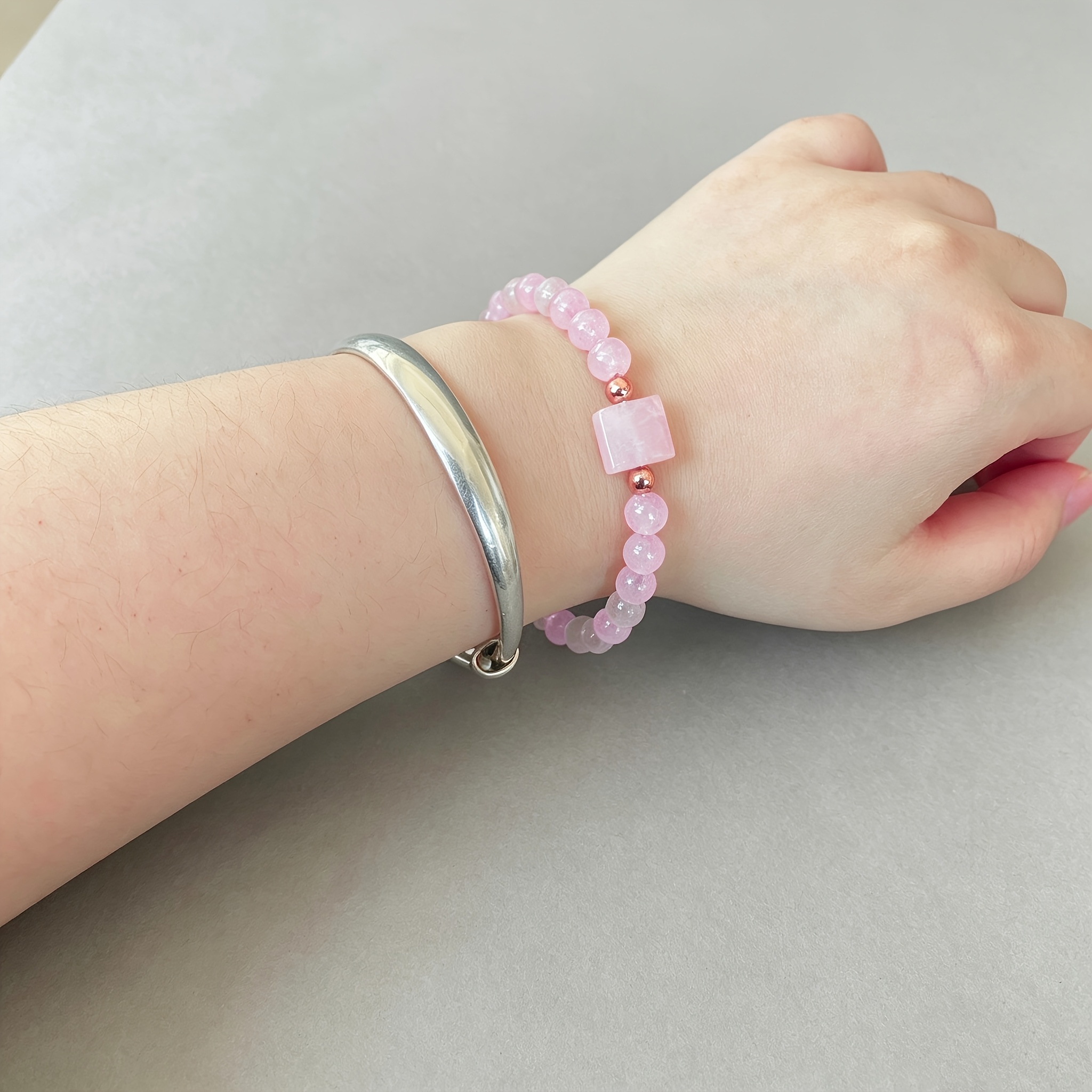 Natural Rose Quartz & Amethyst Bracelet, Adjustable Elastic Band